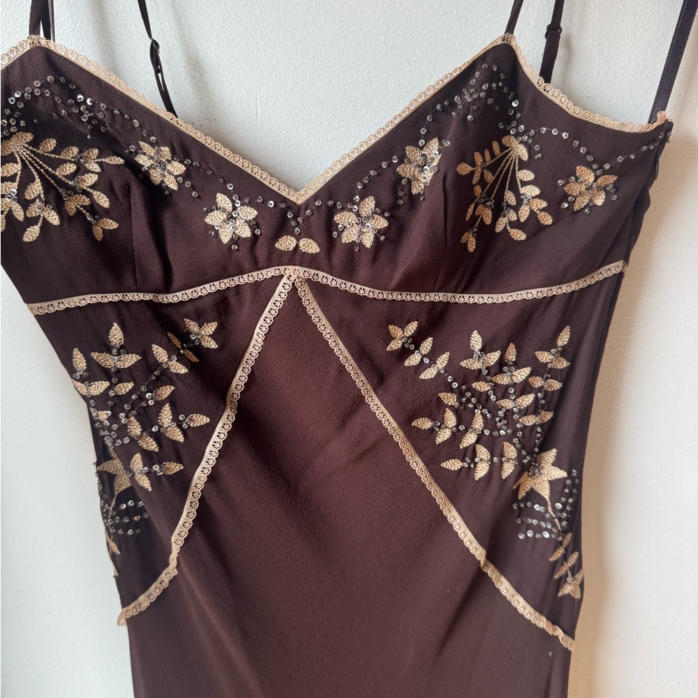BCBGMaxAzria Brown silk Maxi Dress with Cream Embroidery - Picture 2 of 4